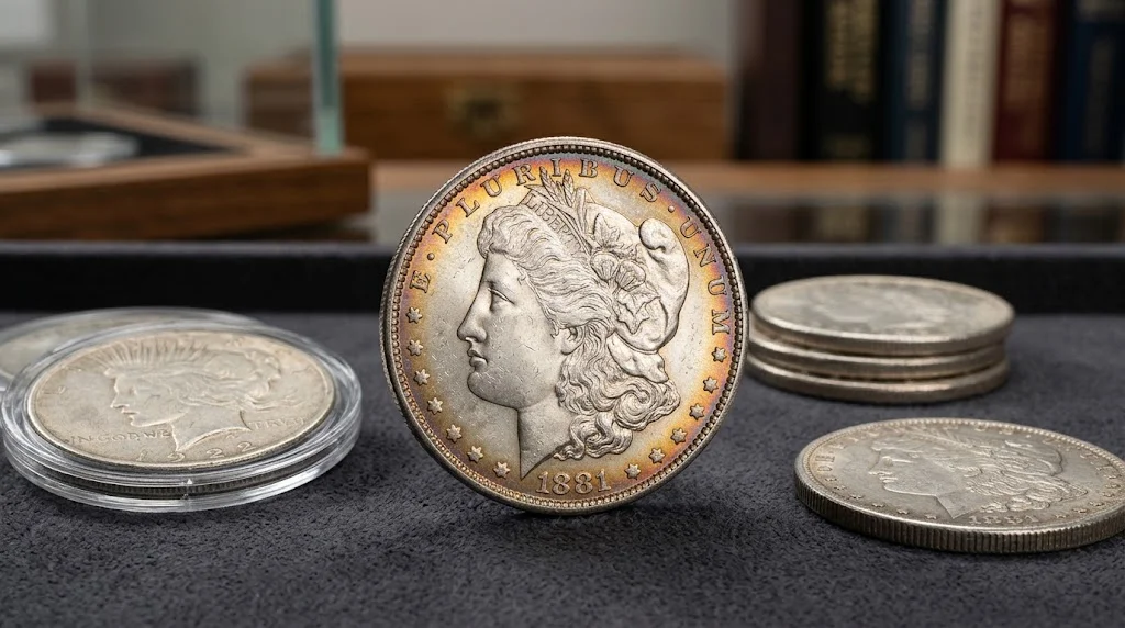 Naturally toned Morgan silver dollar showing blue, gold and purple colors around the rim
