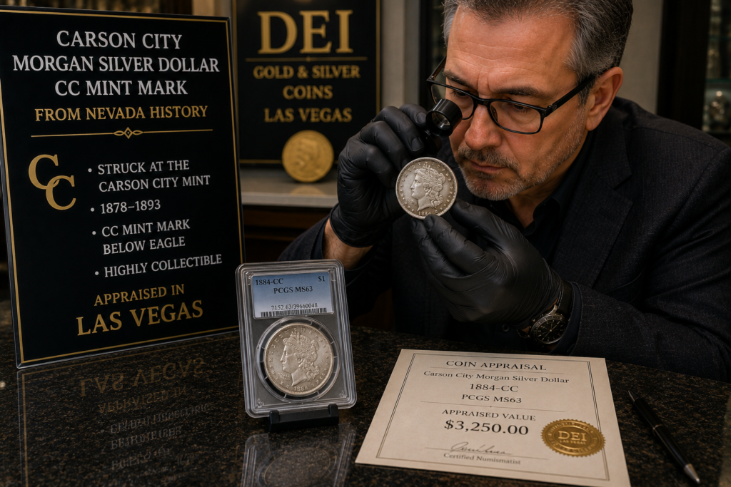 "Carson City CC mint mark Morgan silver dollar from Nevada being appraised in Las Vegas"