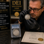"Carson City CC mint mark Morgan silver dollar from Nevada being appraised in Las Vegas"
