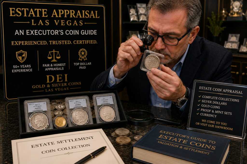 Las Vegas estate executor appraising inherited coin collection and jewelry with a certified numismatist