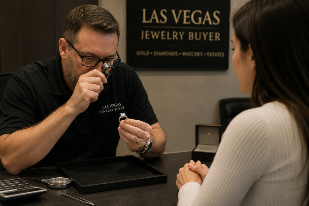 Diamond engagement ring being appraised for resale value at a Las Vegas jewelry buyer
