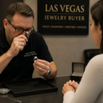 Diamond engagement ring being appraised for resale value at a Las Vegas jewelry buyer