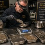 A professional jeweler weighing bench sweeps gold refining material on a digital scale