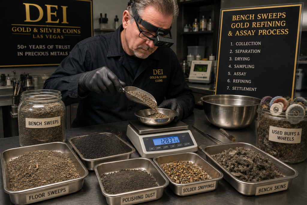 A professional jeweler weighing bench sweeps gold refining material on a digital scale