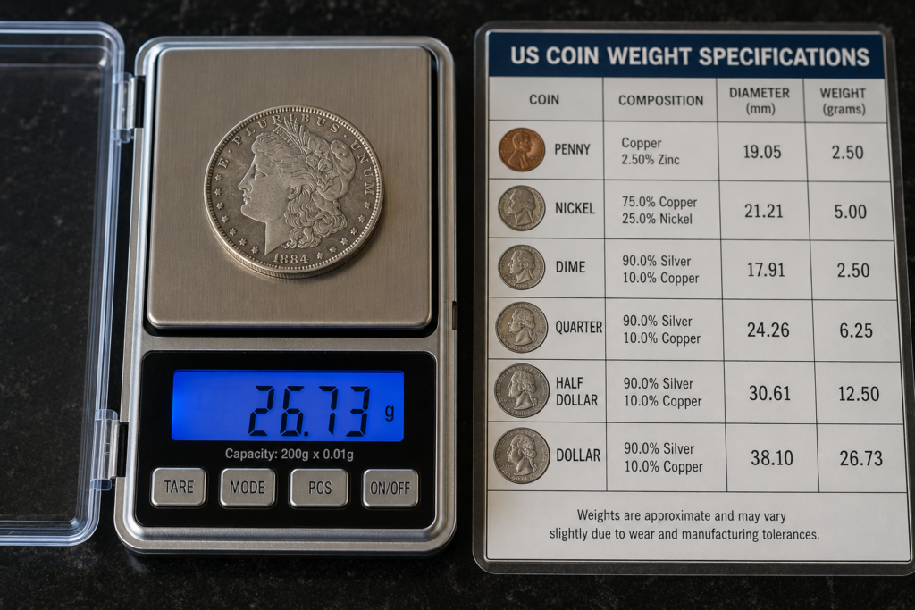"Coin weight and diameter specifications chart with US coins on a jeweler's scale in Las Vegas