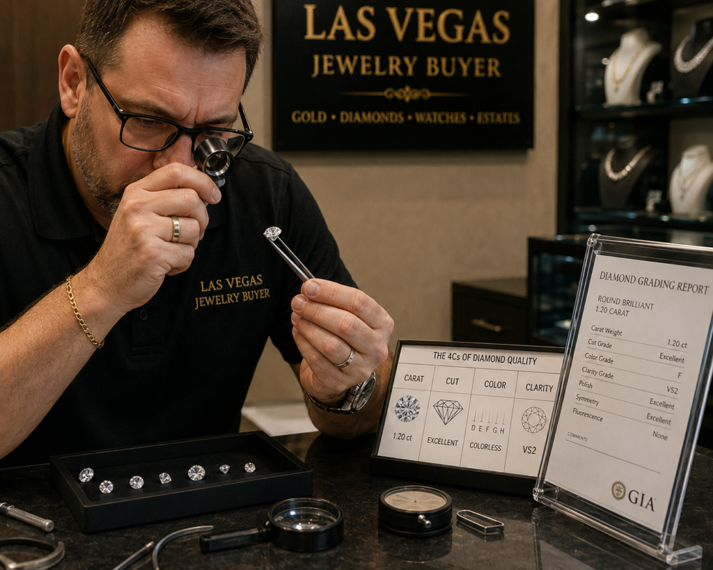 Jeweler grading a diamond's carat, cut, color, and clarity under loupe magnification in Las Vegas