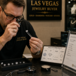 Jeweler grading a diamond's carat, cut, color, and clarity under loupe magnification in Las Vegas