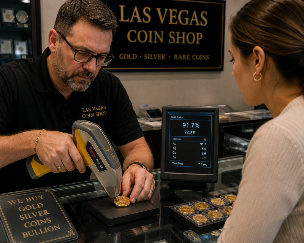 XRF gold testing device analyzing gold coin purity at a Las Vegas coin shop