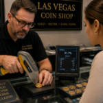 XRF gold testing device analyzing gold coin purity at a Las Vegas coin shop