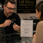 Diamond engagement ring being appraised for resale value at a Las Vegas jewelry buyer