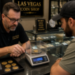Gold coin being weighed on a precision troy ounce scale at a Las Vegas coin shop