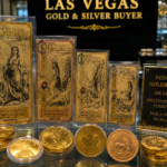 Nevada Goldback fractional gold currency notes displayed next to gold coins in Las Vegas