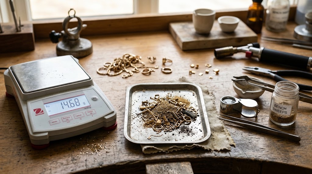Bench sweeps containing gold particles and scrap material for refining