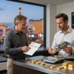 Gold dealer evaluating bullion coins for a buyback offer