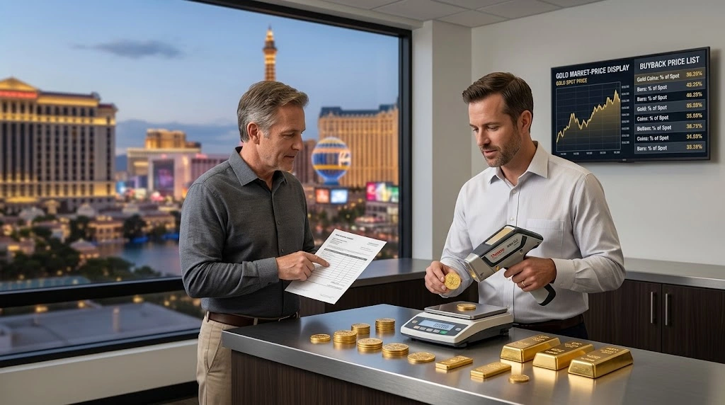 Gold dealer evaluating bullion coins for a buyback offer