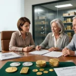 Gold IRA owner discussing physical gold inheritance with an adult heir and financial advisor