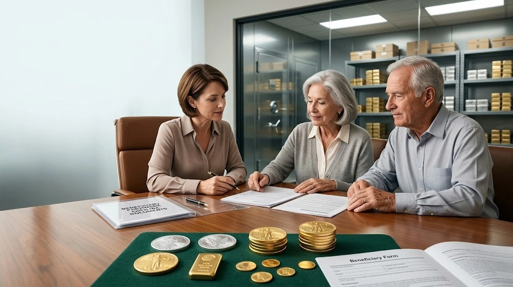 Gold IRA owner discussing physical gold inheritance with an adult heir and financial advisor