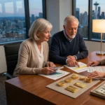 Retired couple reviewing a Gold IRA RMD with physical gold coins and bars