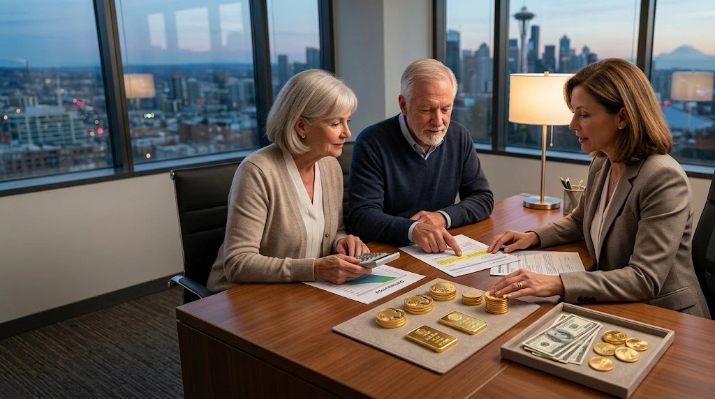 Retired couple reviewing a Gold IRA RMD with physical gold coins and bars