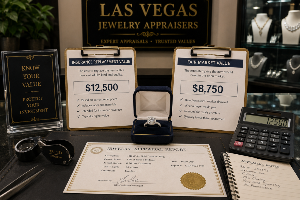 Jewelry appraiser comparing insurance replacement value and fair market value in Las Vegas
