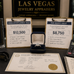 Jewelry appraiser comparing insurance replacement value and fair market value in Las Vegas