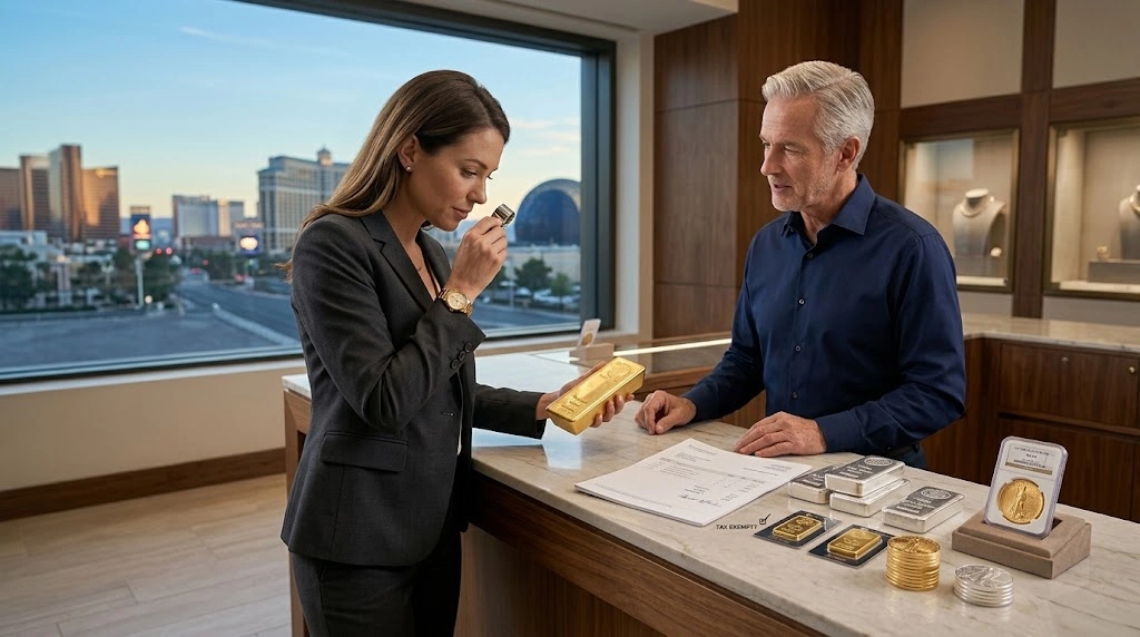 Gold and silver bullion being examined in a Las Vegas showroom for Nevada sales tax treatment