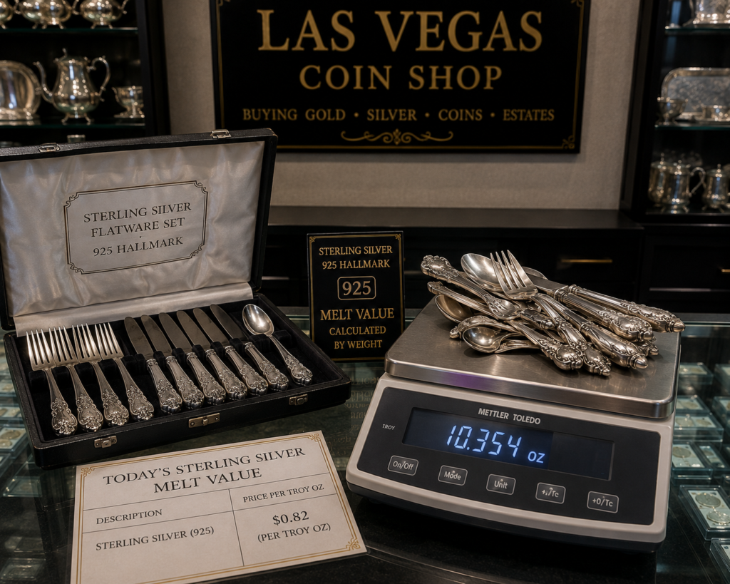 Sterling silver flatware set with 925 hallmark being weighed for melt value in Las Vegas