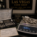 Sterling silver flatware set with 925 hallmark being weighed for melt value in Las Vegas