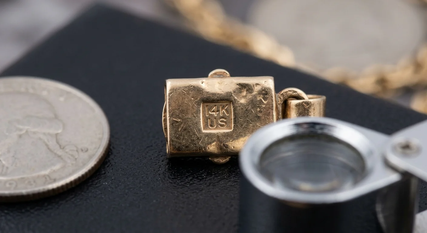 Close-up of a 14K stamp on a gold necklace clasp