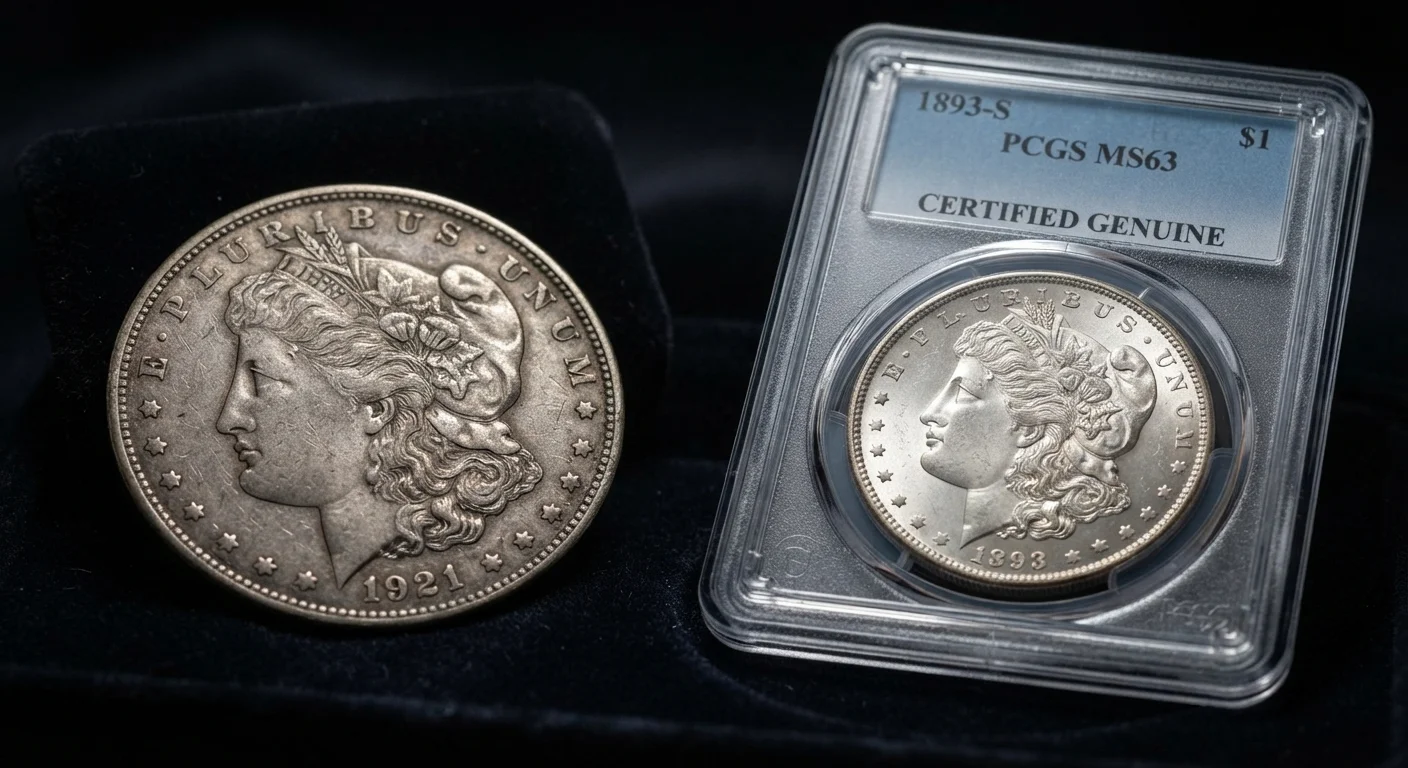 Worn common junk silver coin beside a certified rare silver coin