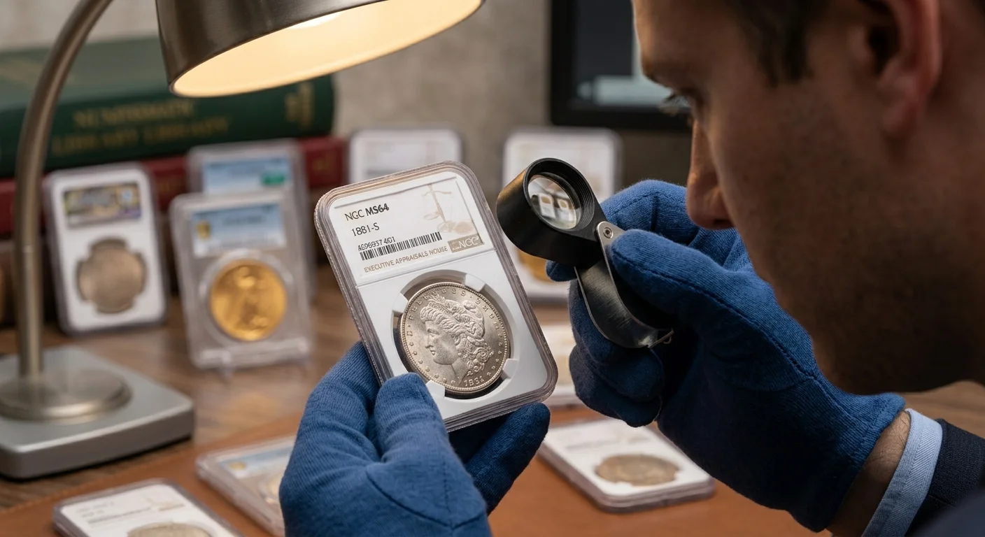 Dealer examining a certified coin under a loupe at an appraisal desk