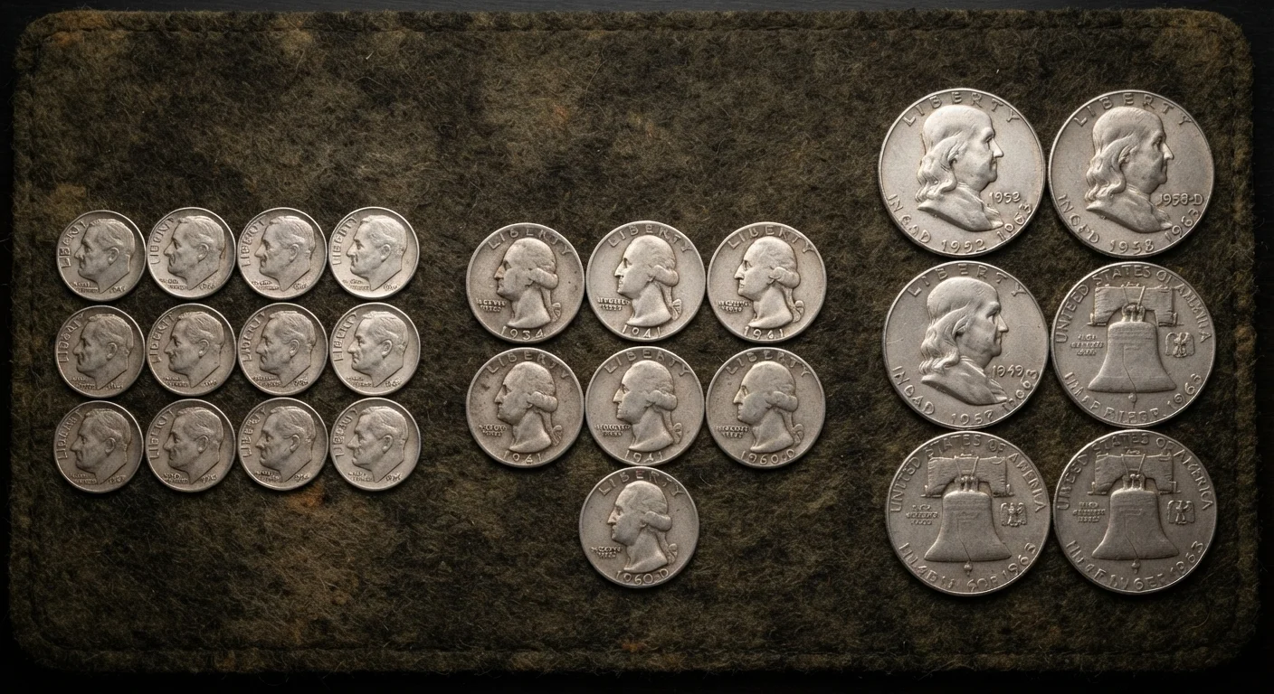 Roosevelt dime, Washington quarter, and Franklin half dollar silver coins