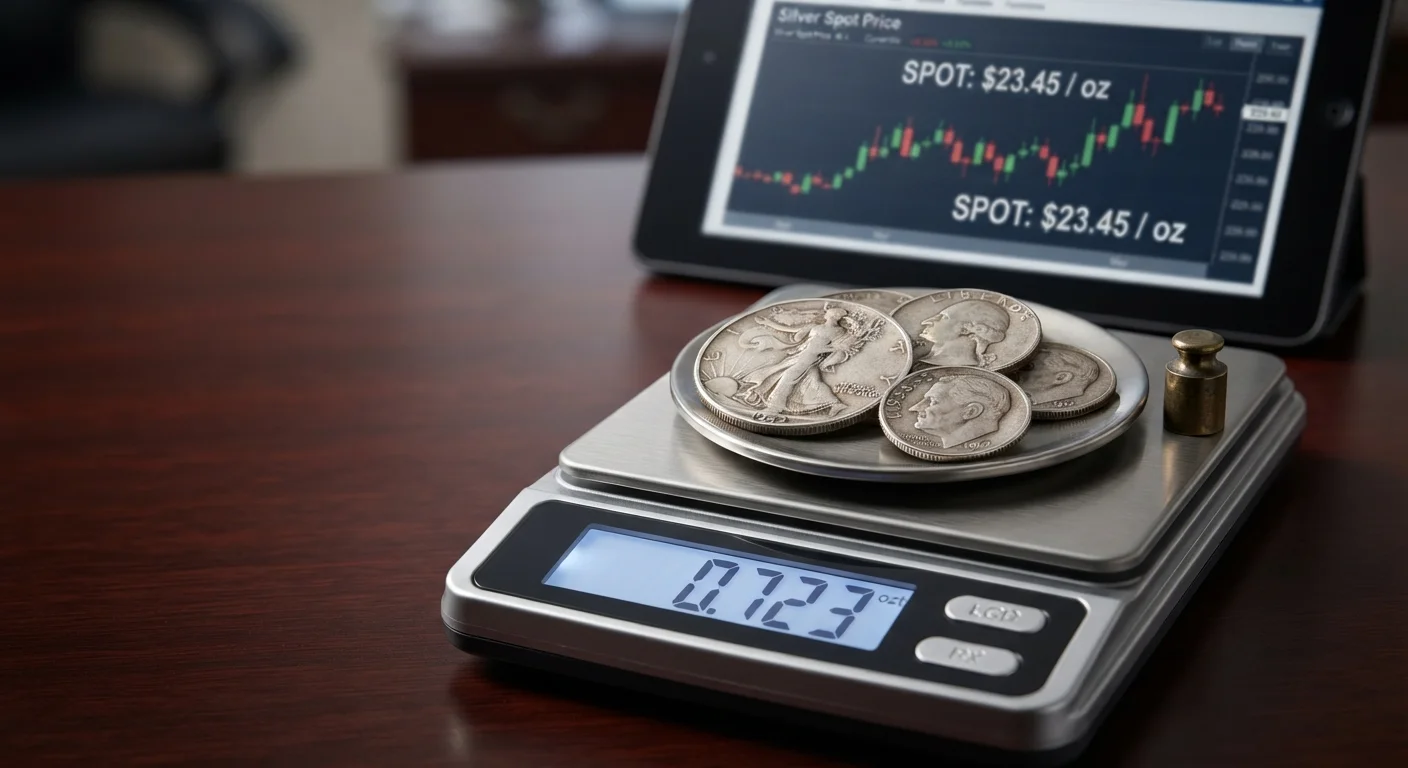Silver coins being weighed against a silver spot price chart