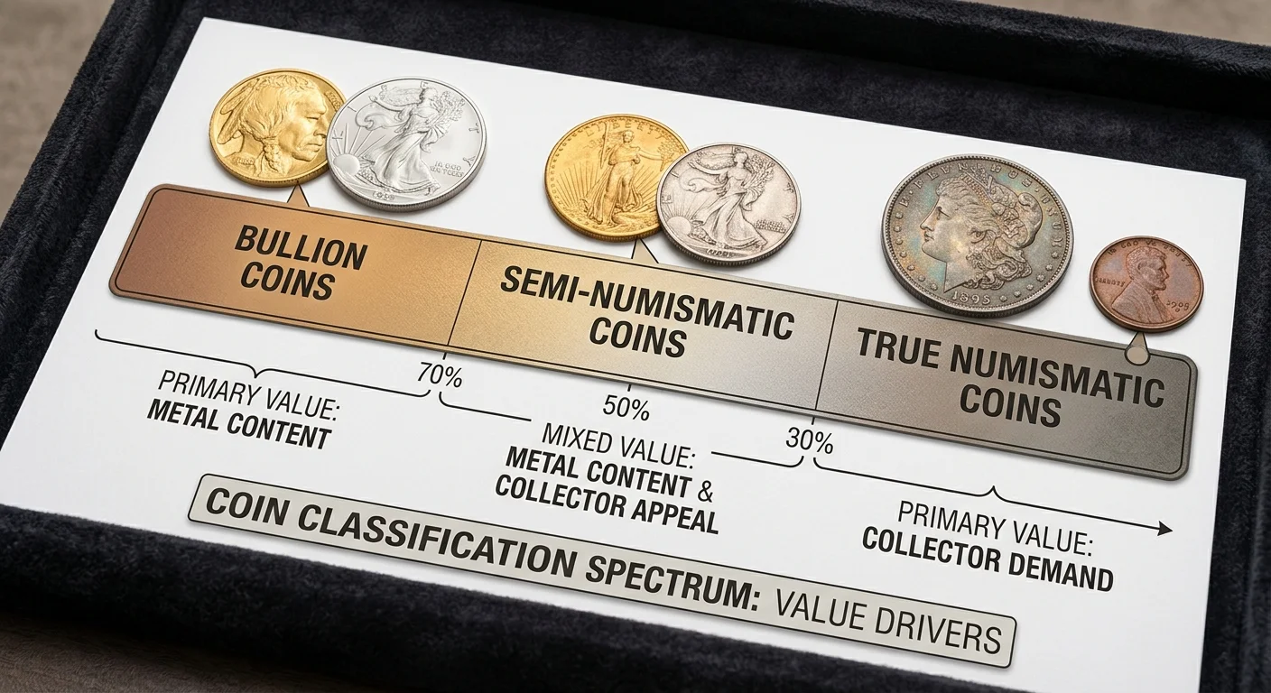 Diagram of bullion, semi-numismatic and numismatic coins from metal-driven to collector-driven pricing