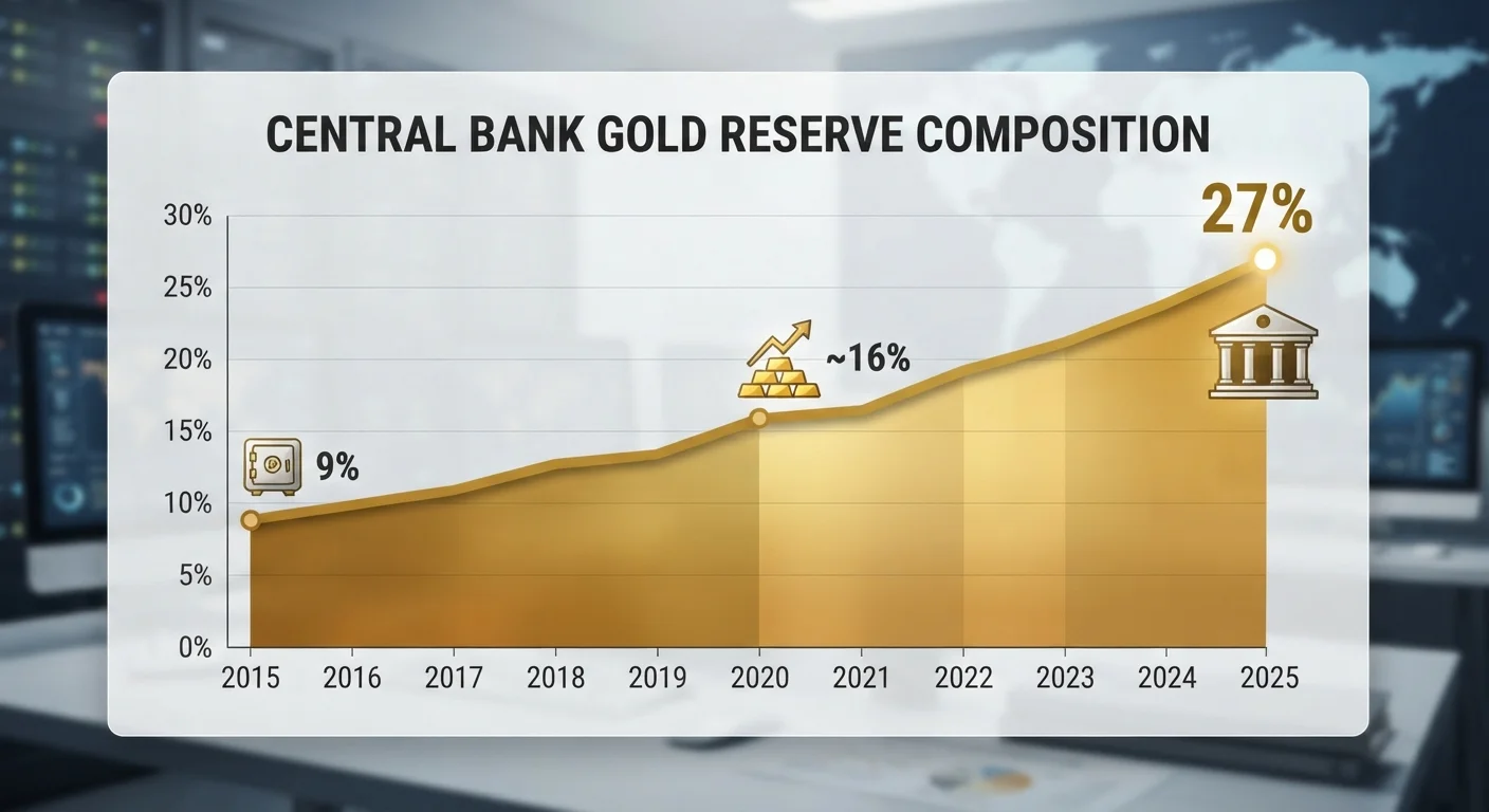 Chart showing central bank gold reserve share rising from 2015 to 2025