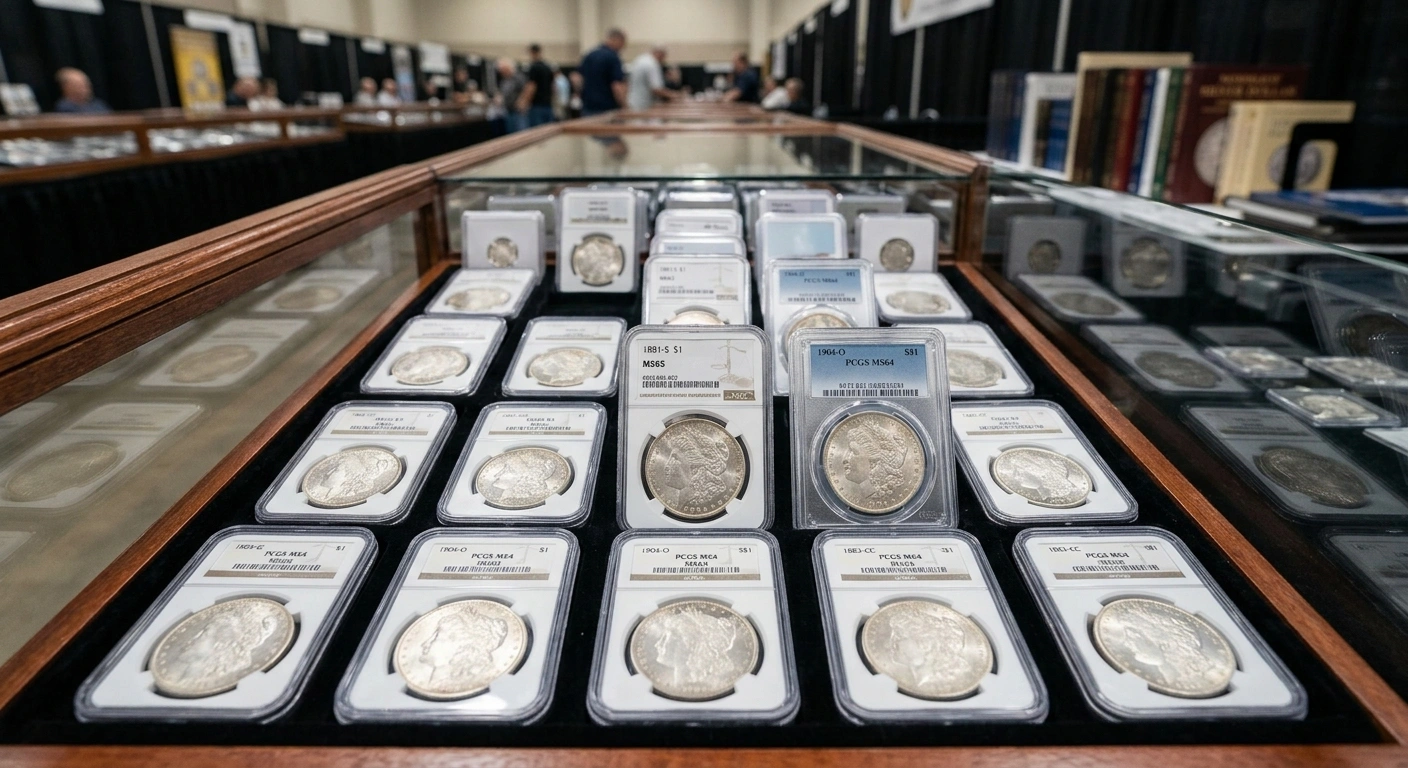 Certified Morgan silver dollars displayed in graded coin holders