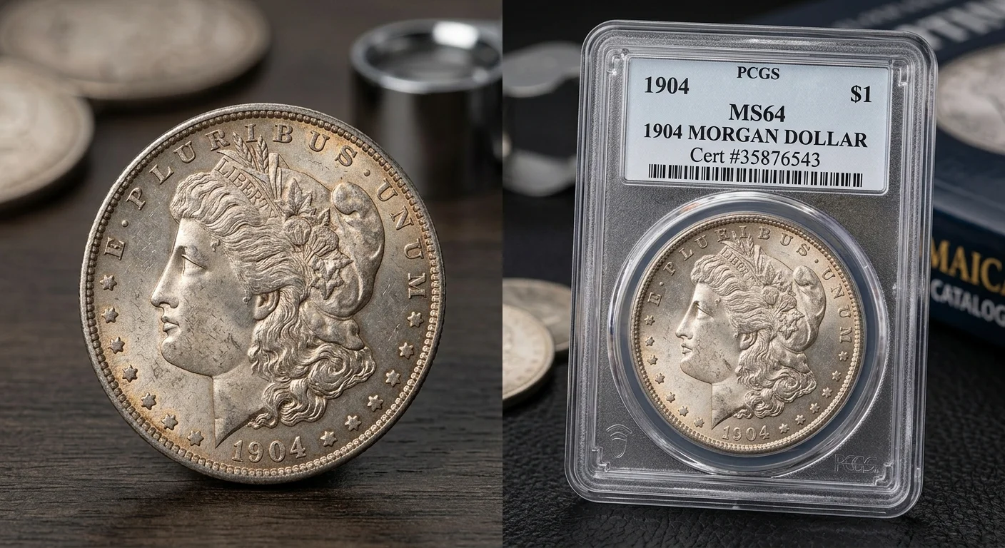 Certified coin in a graded holder next to an uncertified coin of the same type