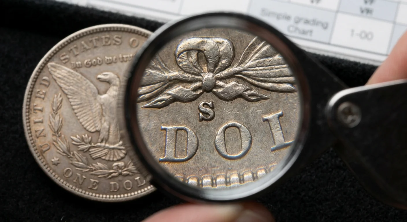 Coin mint mark being examined under a magnifying loupe