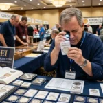 Dealer examining a certified silver dollar with a loupe at a coin show table