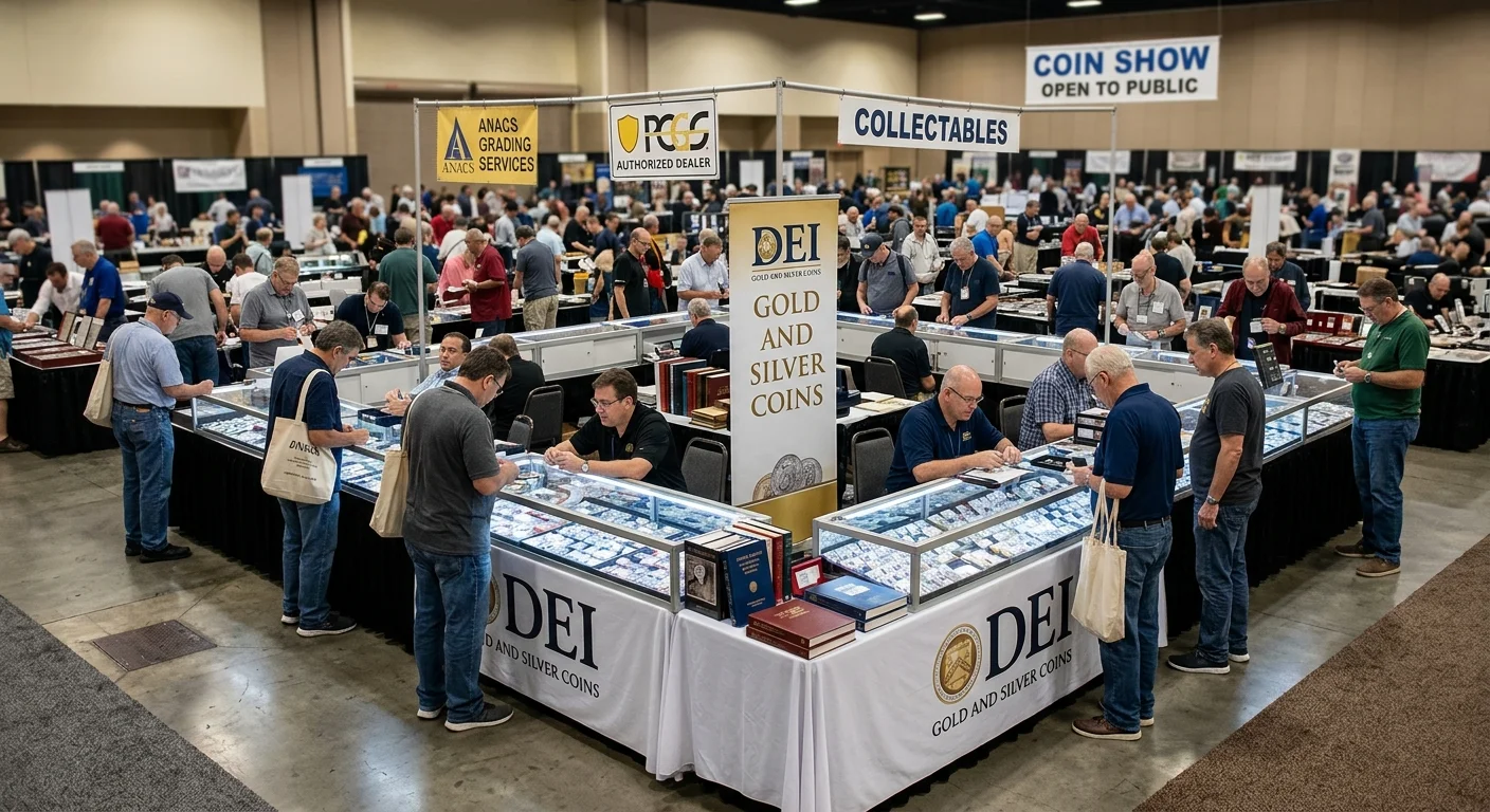 Coin show bourse floor with dealer tables and collectors browsing rare coins