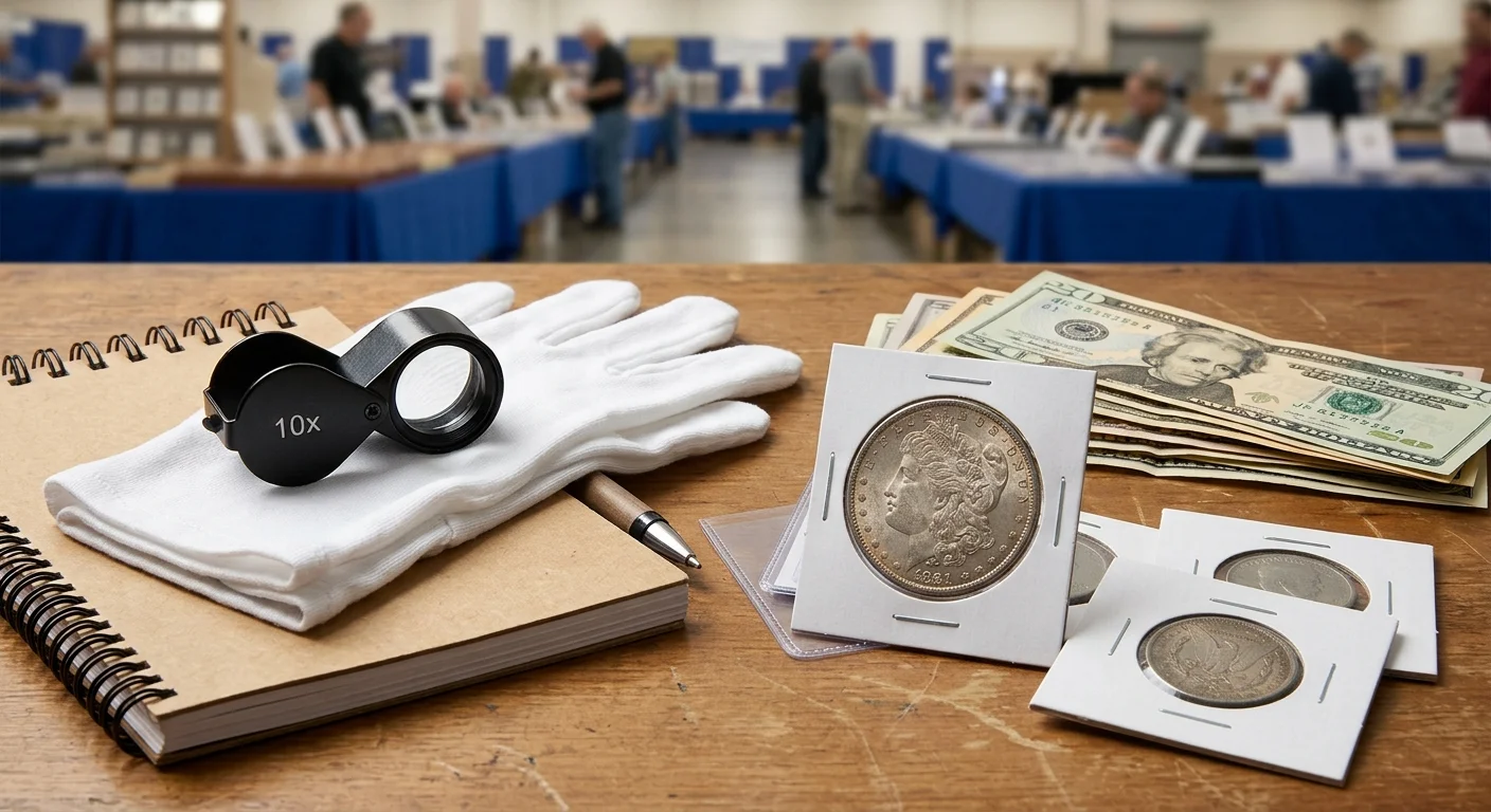 Coin show essentials including a loupe, gloves, notepad, and coin holders