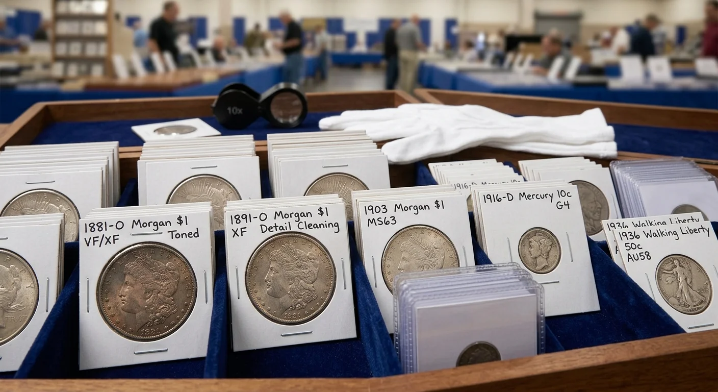 Coins stored in individual holders for transport to a coin show