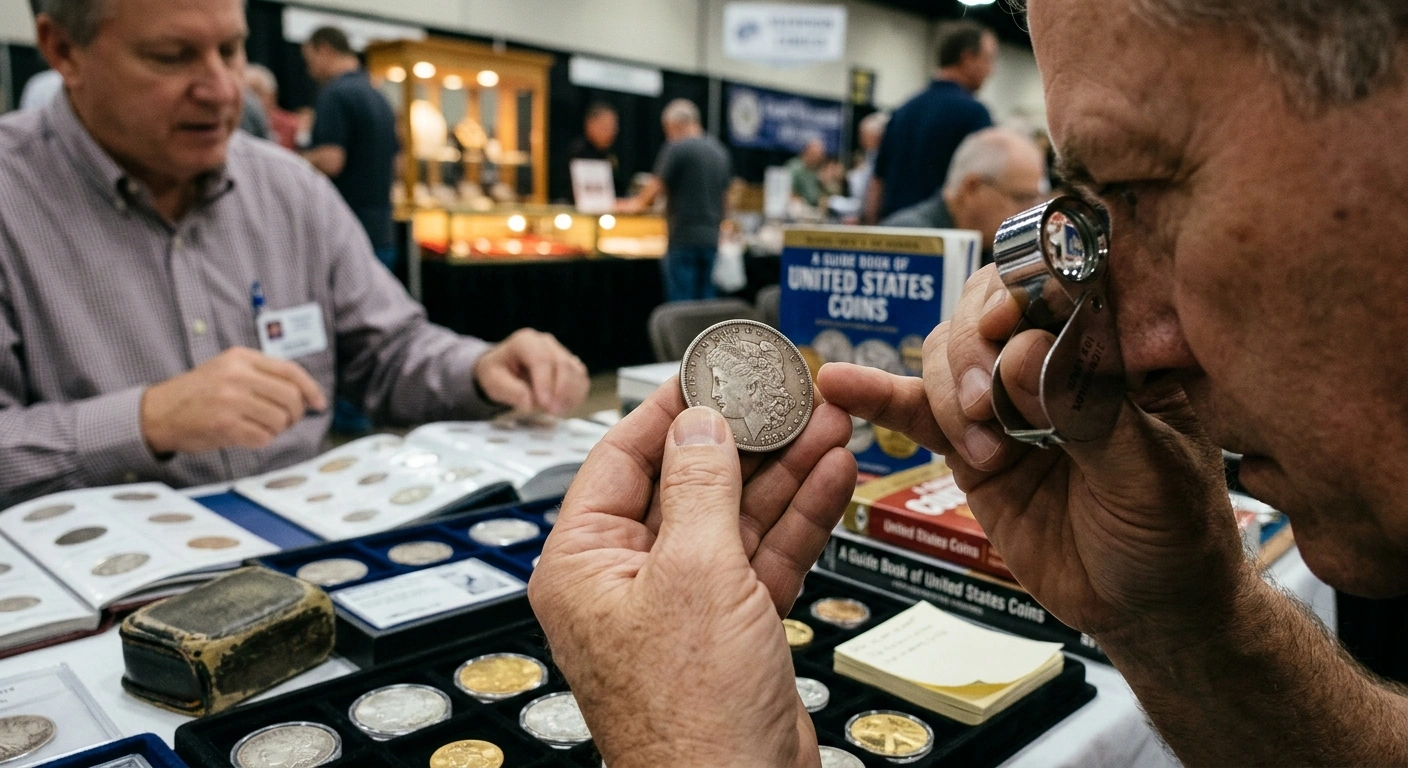 Dealer reviewing a customer's coin collection at an appraisal table