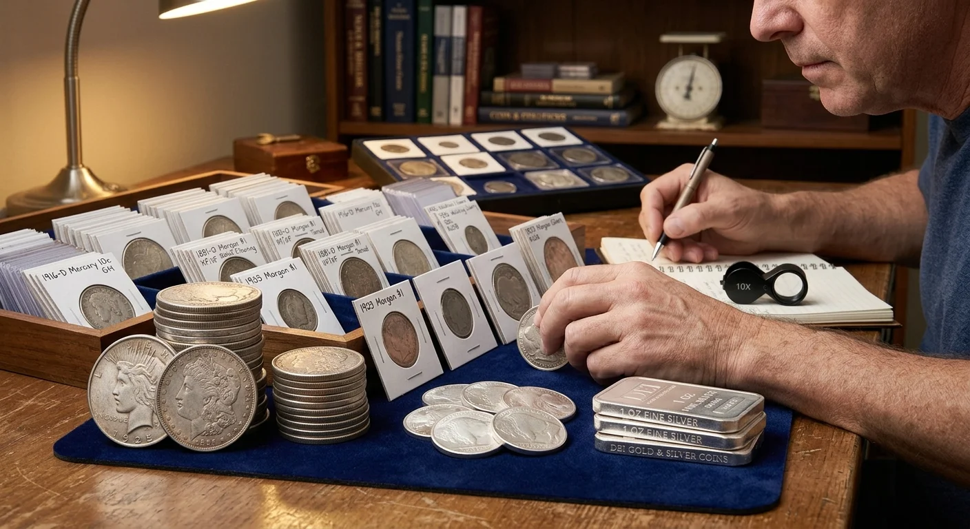 Collector reviewing a personal stack of silver coins and bars