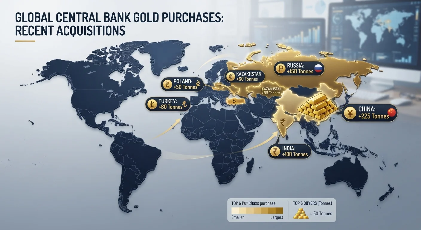 World map highlighting countries with the largest central bank gold purchases in 2026