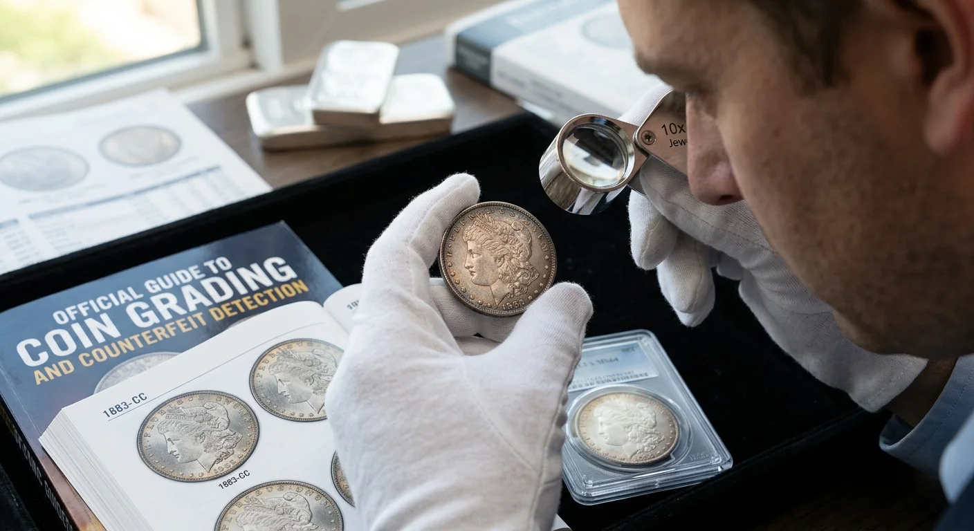 Dealer examining a coin with a loupe next to a grading reference guide
