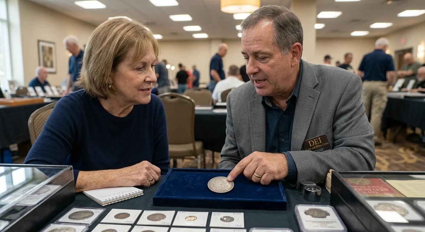Dealer explaining coin pricing to a seller at a show table
