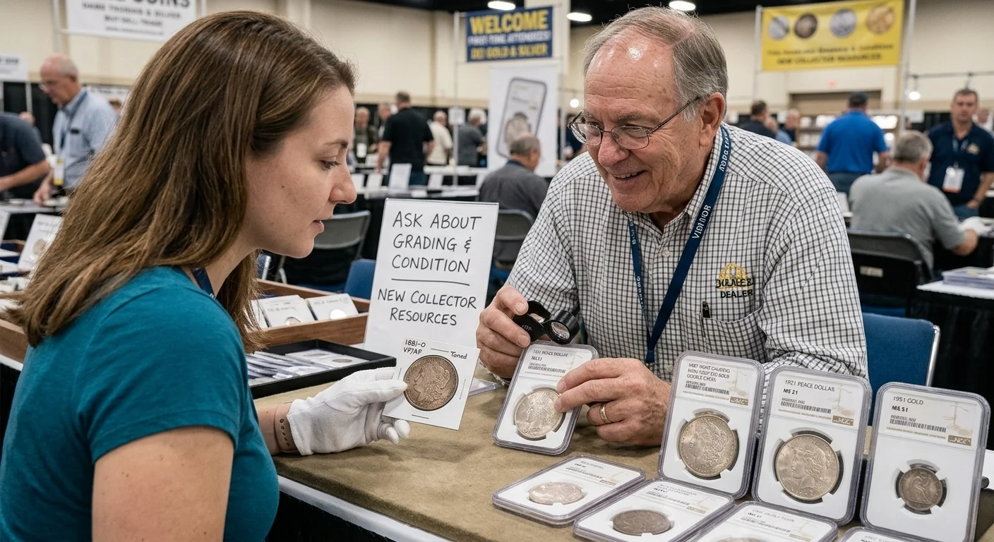 Dealer explaining coin grading to a first-time collector at a show table
