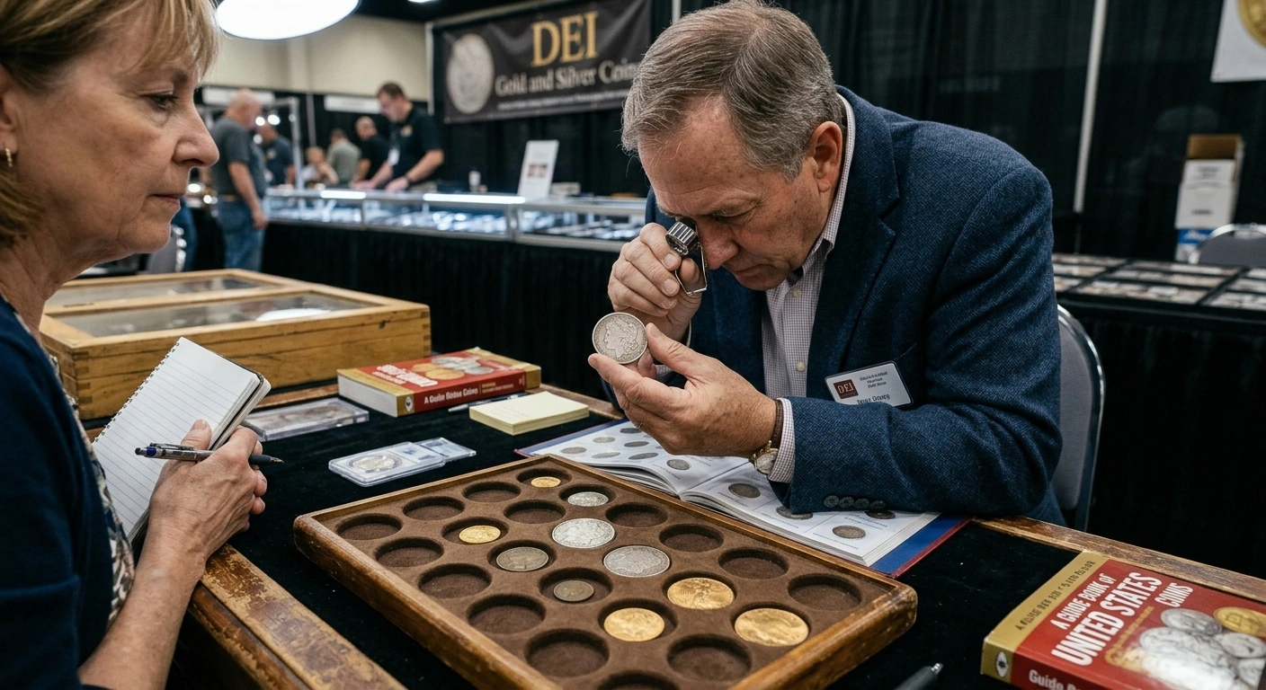 Collector examining a coin with a jeweler's loupe at a coin show table
