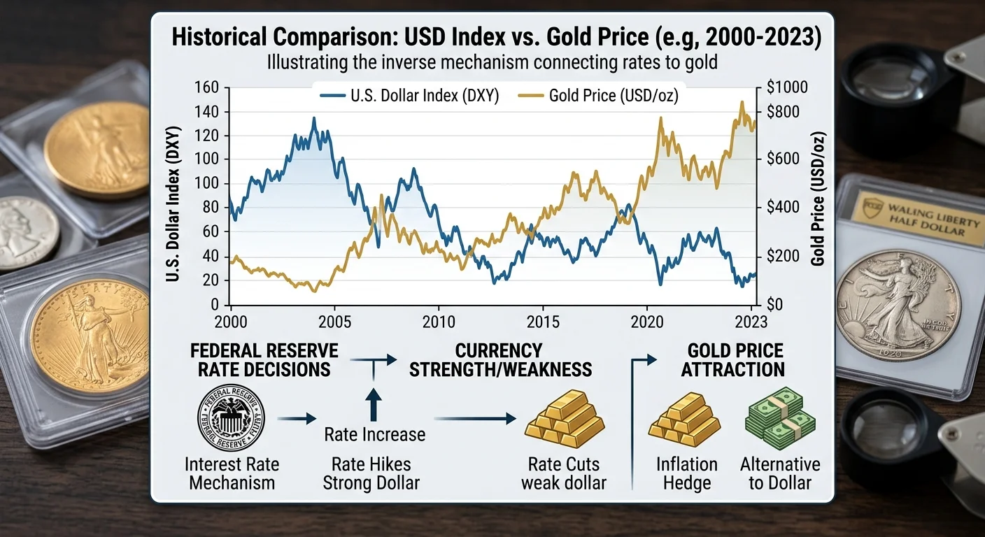 Chart comparing U.S. Dollar Index movement to gold price movement